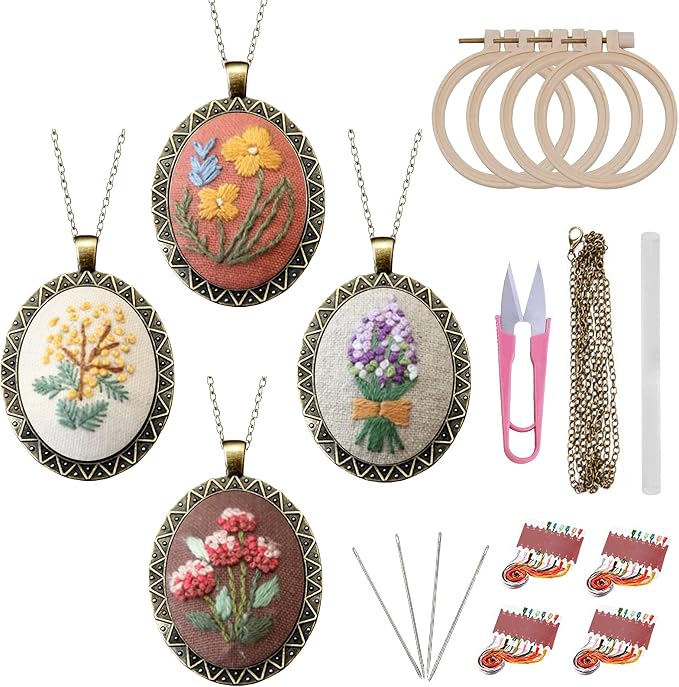 ZOCONE 4 Packs Embroidery Necklace Kits, Embroidery Pendant Kit Mini Cross by ZOCONE