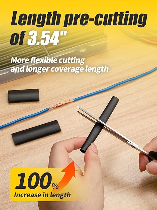 Eventronic Heat Shrink Tubing Kit 200 PCS, 3.54" Extra-Length, 3:1 Ratio Dual Walled with Strong Adhesive Lined, Marine Grade Shrink Wrap - Industrial Heat-Shrink Tubing -Black