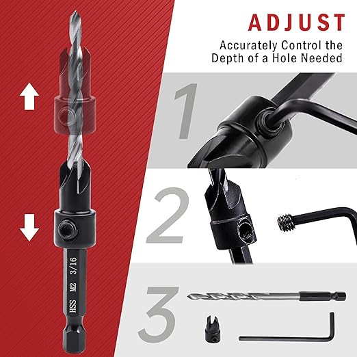 Countersink Drill Bit Set, 5PCS Tapered Drill Bits, M2 Countersink Set with 1/4" Hex Shank Quick Change and 1 Allen Wrench for Woodworking, Pilot Screw Hole Set for Soft & Hard Wood