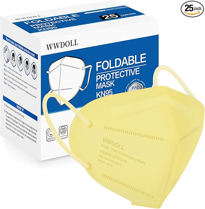 WWDOLL KN95 Face Mask 25 Pack, 5-Layers Breathable KN95 Masks, Yellow