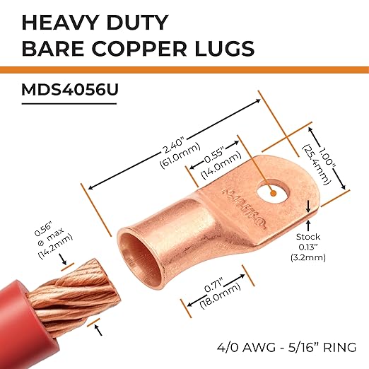 SELTERM 10pcs 4/0 AWG - 5/16" Stud - Wire Lugs, Heavy Duty Battery Cable Lugs, Ring Terminals, Battery Cable Ends,0000 Gauge Terminals, UL Bare Copper Eyelets Electrical Battery Terminal Connectors