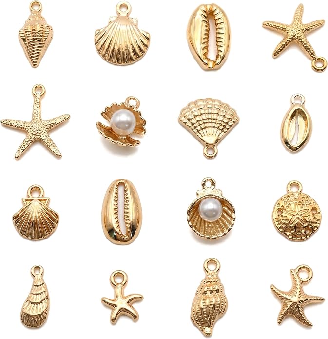 16Pcs Gold Metal Shell Charms, 16 Styles Summer Beach Seashell Pendants by Unknown