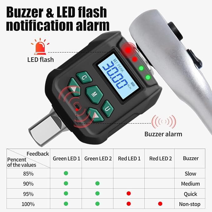 1/2" Drive Digital Torque Adapter, ±2% Accuracy with Buzzer & LED Duo-Alert System for Carbon Bike, Motorcycle and Precision Car (1-22 ft-lb/1.5-30 Nm)