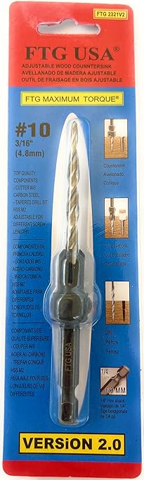 FTG USA Countersink Drill Bit for Wood with Tapered Drill Bit #10 (3/16")