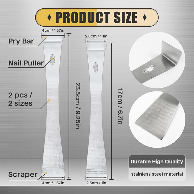 2-Piece 17005 Stainless Steel Pry Bar Scraper Set, 9.25" and 6.7" Trim Puller, Small Flat Pry Bar, Silver Beekeeping Hive Scraper, Bee Hive Hand Tool, 2 Sizes