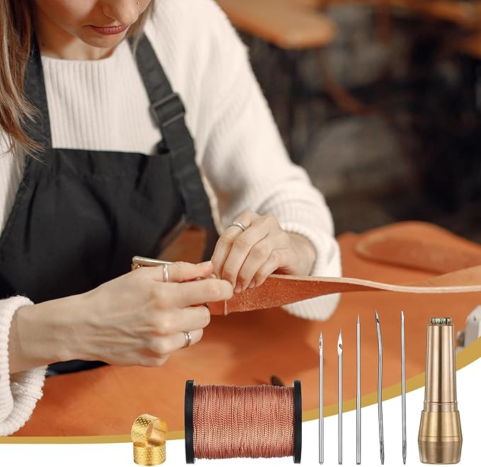 9pcs Canvas Leather Sewing Awl Needle with Copper Handle 45m Nylon Waxed Thread Cord with Thimble Assortment Kit Leather Sewing Tools for Canvas Shoe and Repair