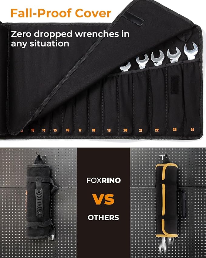 Wrench Roll, Wrench Roll Up Pouch, Gifts for Men Father Dad Mechanic, Heavy Duty Canvas Wrench Organizer Bag (Black, 19+1 Metric)