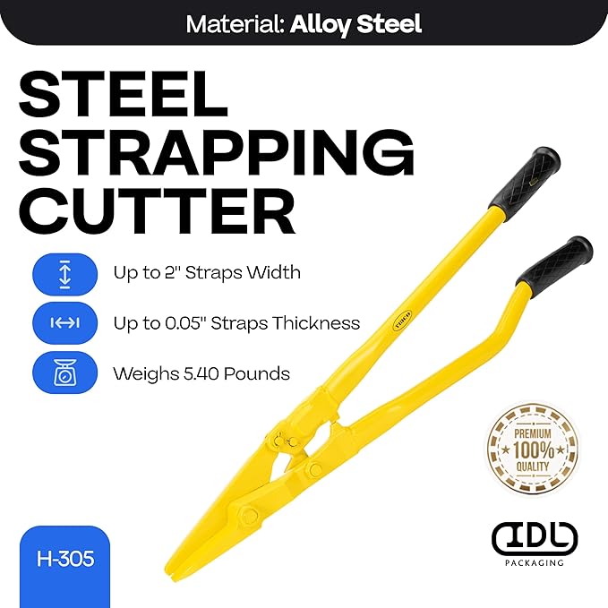 IDL Packaging H-305 Steel Strapping Cutter for 1 1/4" and 2" Straps Width and 0.05" Thickness – Heavy Duty Best in Class Tool with Even Longer Handles – Two-Hands Operation Tool