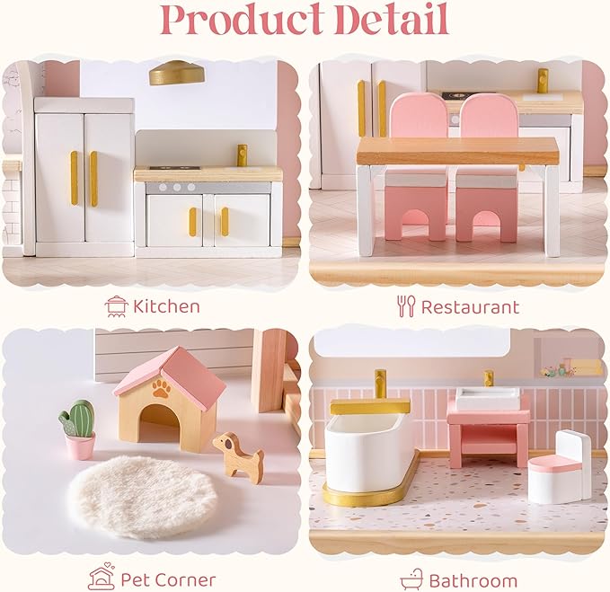 ROBOTIME Wooden Dollhouse Furniture Set, Dollhouse Accessories and Pretend Play - Image 2