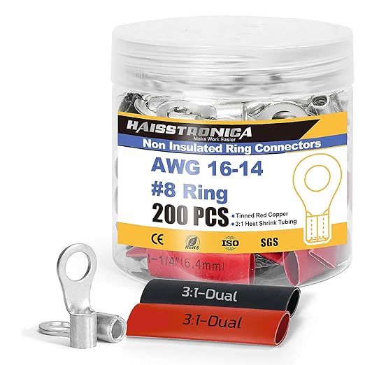 haisstronica Non Insulated Wire Connectors Kit，100pcs #8 Ring Terminals (AWG 16-14) with 100pcs 3:1 Heat Shrink Tubing for Automotive Marine，Brazed Seam Wire Crimp terminals