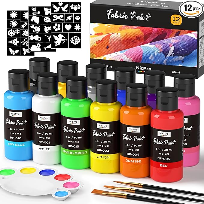 Nicpro 12 Colors Fabric Paint, Permanent Soft Fabric Paint Set by Nicpro
