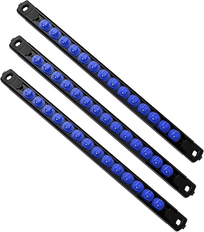 Magnetic Socket Organizer, 3-Piece Heavty Duty ABS Socket Holder, Socket Rail for Tool Box, Premium Quality 360° Swivel Socket Rack with 42 Clips for 3/8-Inch(Blue)