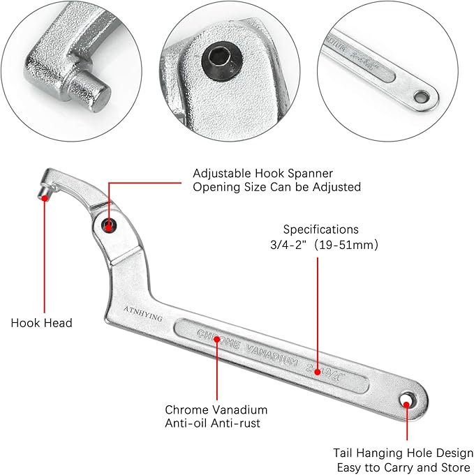 4 pcs Spanner Wrench Set, Adjustable C Pin Spanner Hook Wrench Tool for Machine Tools, Vehicles, Mechanical Equipments,Round Head (4pcs Round Head)