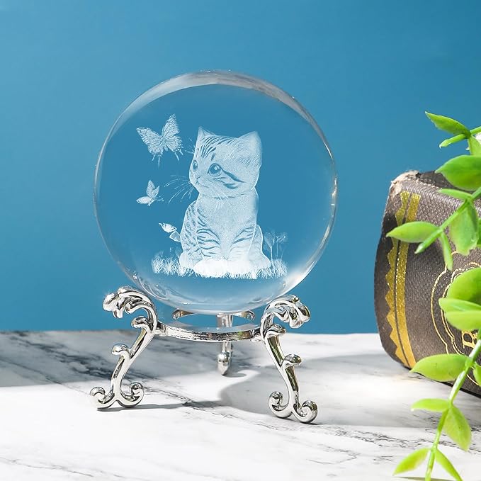 3D Cat Crystal Ball with Stand Lase Engraved Glass Sphere Paperweight Cat Decor - Image 6