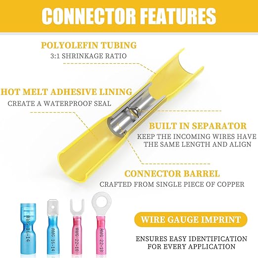 250PCS Heat Shrink Wire Connectors, 22-10 AWG Marine Grade Heat Shrink Butt Connectors, Waterproof Electrical Wire Terminals Kit Insulated Ring Fork Spade Butt Splices for Automotive Boat Truck