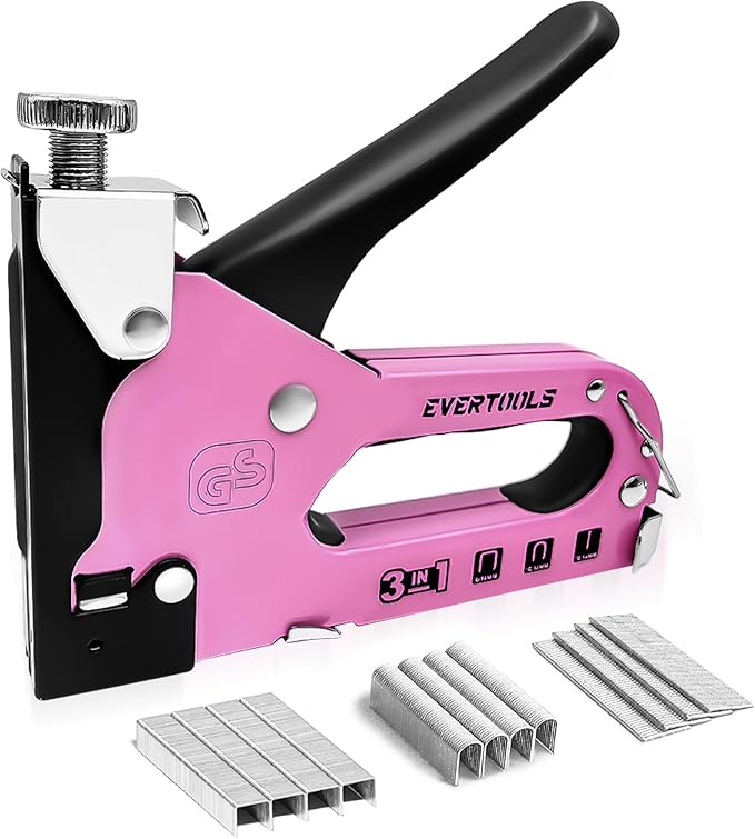 3 in 1 Staple Gun, Women Pink Manual Stapler with 600 Staples, for Wood, Cable, Crafts, Fabric, Decoration, Carpentry, Furniture, Material Repair and DIY.
