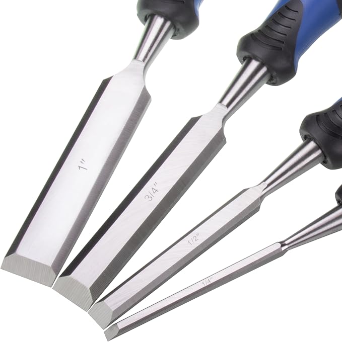 4 Piece Wood Chisel Set Woodworking Chisel Kit with Chrome-Vanadium Steel and Plastic Handles with Iron Cap, Paper Case for Carpenter Craftsman Gift for Men