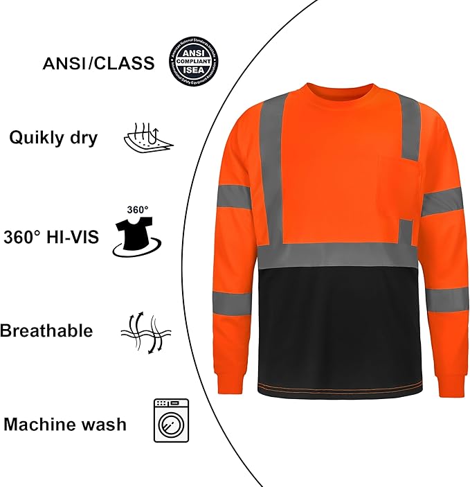 High Visibility Class 3 T Shirts，Hi Vis Safety Shirts with Reflective Strips and Pocket, Long Sleeve Quick Dry Mesh Construction Work Shirt for Men/Women Black Bottom Orange,2XL