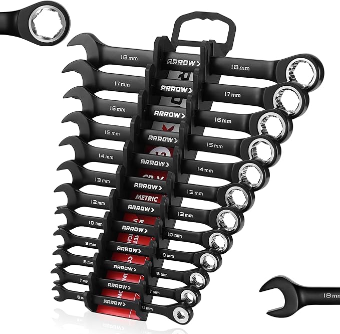 ARROW 12PCS Metric Ratcheting Wrench Set, Anti-Slip 6-18mm Combination Ratchet Wrench Set with Black Magnetic Tool Holder, Premium CRV Material, 72-Teeth, Corrosion-Resistant, Easy to Carry & Store