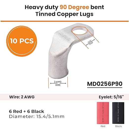 SELTERM 10pcs - 2 AWG 5/16" Stud 90° Bent Battery Lugs - Ring Terminal Connectors with 12pcs 3:1 Black & Red 5/8" Heat Shrink Tubing - Heavy Duty Battery Cable Ends - Tinned Copper Wire Connector Kit