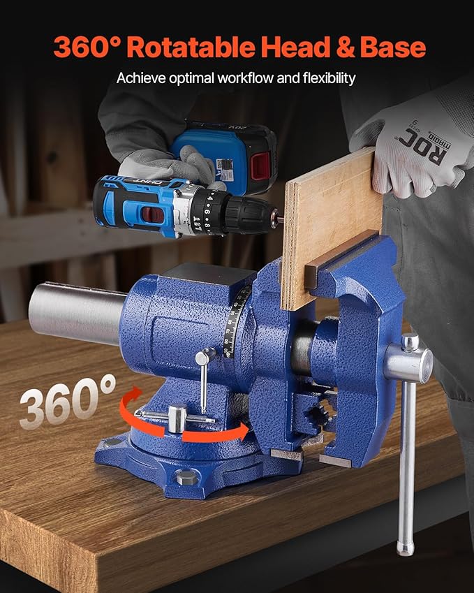VEVOR Heavy Duty Bench Vise, 6-1/2" Jaw Width, 5" Max Jaw Opening Multi-Purpose Ductile Iron Bench Vise with Anvil, 360° Swivel Base Head, 3" Throat, 5620 lbs Clamp Force, for Pipe Repairing