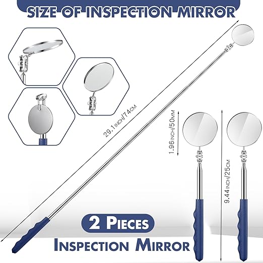 2 Pcs Telescoping Inspection Mirrors, Mechanics Mirror Tool with Long Handle, Round Extendable Mirror on a Stick for Technicians Mechanics Contractors Checking Observation(50mm,Blue)