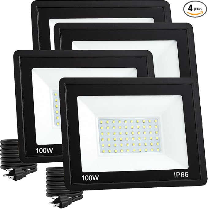 4 Pack 100W LED Flood Lights Outdoor, 10000 LM Super Bright Security Lights, Portable IP66 Waterproof LED Work Light with Plug, 6000K Daylight White Floodlights for Garage Yard Garden Playground Patio