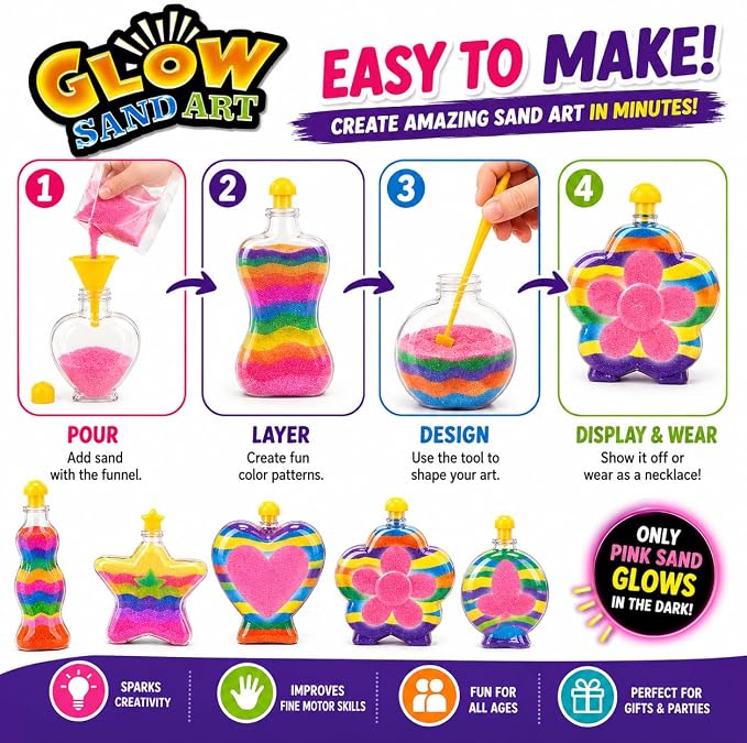Glow Sand Art Kit, DIY Craft for Girls w/ 5 Necklace Bottles | Includes 1 Glow - Image 5