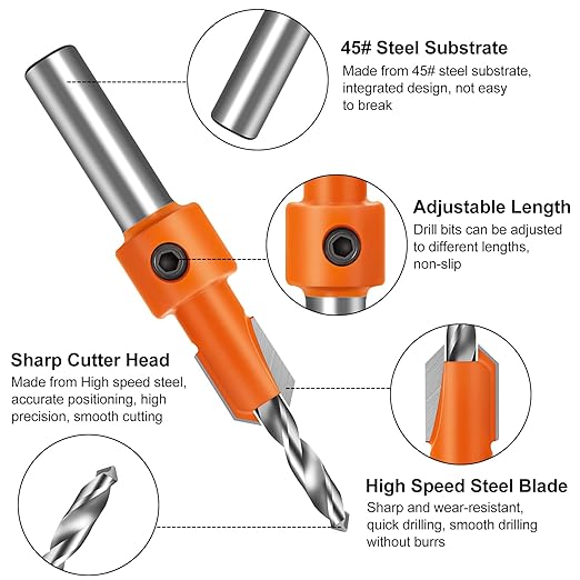 Lytool Countersink Drill Bit Set,5 Pcs Counter Sink Bits for Wood,Tapered Drill Bits for Woodworking,Round Shank,Allen Wrench, Wood Screw Counter Sinker Drill Bits with Depth Stop,Pilot Screw Hole Set