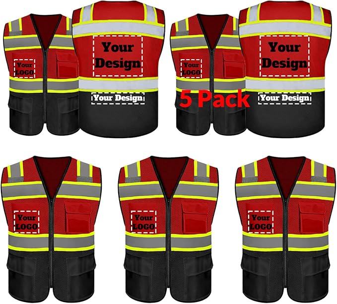 Safety Vest Customize Logo with 5 Pockets & Zipper Reflective High Visibility Vest Class 2 Outdoor Workwear