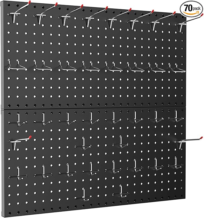 TORACK Metal Pegboard Wall Organizer 24" x 24" or 12" x 48", 70 PCS Tools Storage Pegboard for Garage Tool Organizer Peg Board with Pegboard Hooks for Workbench(Black)