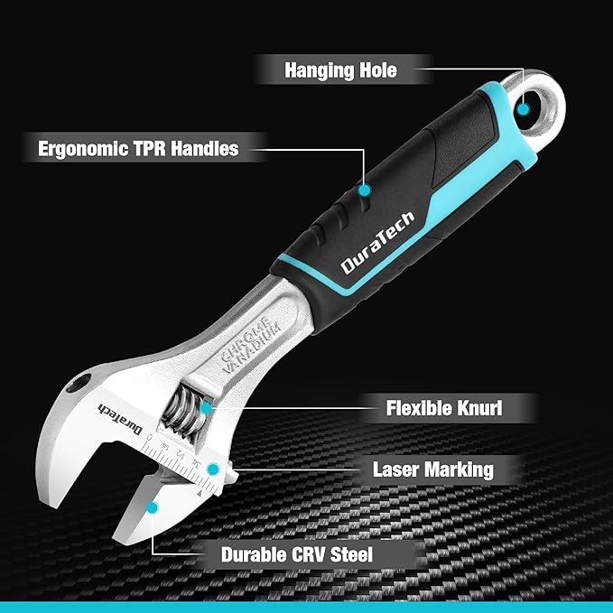 DURATECH 3-piece Adjustable Wrench Set, 6-Inch& 8-Inch& 10-Inch Wrenches, Wide Jaw Wrench, Metric & SAE Scales, Cr-V Steel, for Home, Garage, Workshop