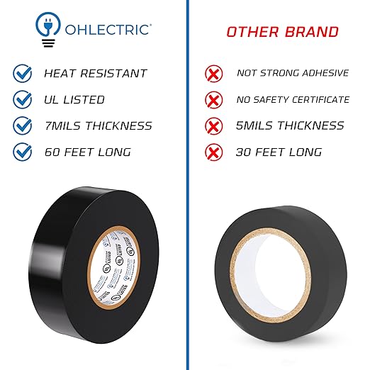 OHLECTRIC Professional Grade Vinyl Electrical Tape (1 Pack) Black - 7 Mil Thick Flame-Retardant, Heat & Weather Resistant 3/4 Inch x 60 Feet | Ideal for Contractors & Electricians