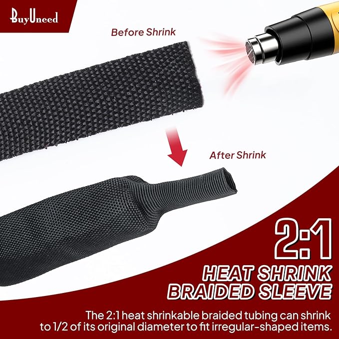 2 in 1 Heat Shrink Braided Sleeving 1-1/8 inch Cloth Wiring Harness Loom Abrasion Resistant Sleeve for Protection Cable/Sheath (29mm ID-29ft)