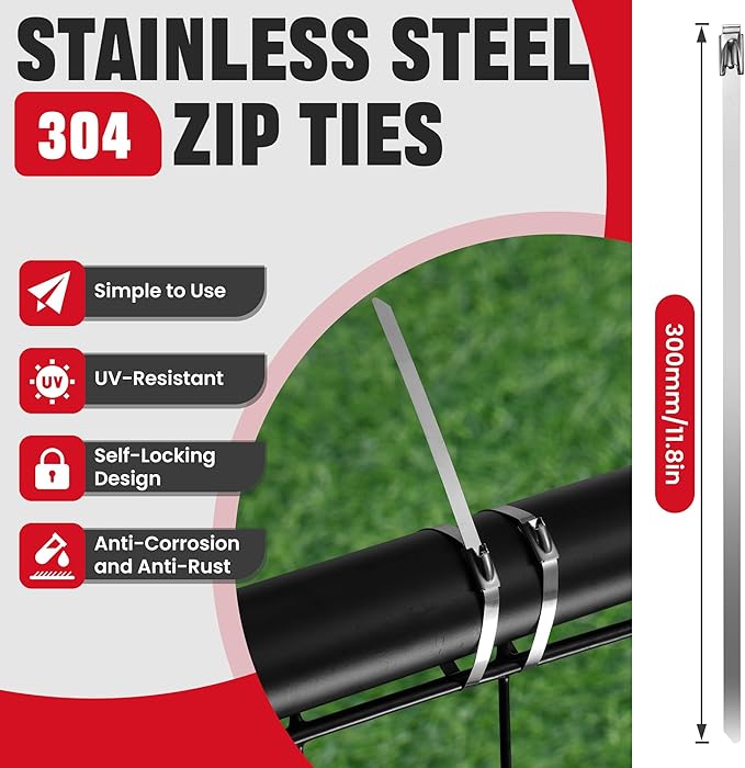 Stainless Steel Cable Tie Gun Kit-100PCS 11.8 inches 304 Heavy Duty Metal Zip Ties, 200LBS Tensile Strength & UV Resistant-for Fence, Exhaust Pipe, Chicken Coop & Industrial Use