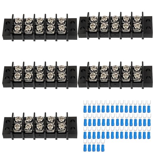 5 Circuits 5 Positions Terminal Block 20-30A 200-450V Dual Row Screw Terminals Strip with 50 PCS Heat Shrink Wire Fork Connectors(Pack of 5pcs)