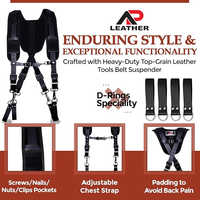 PRO-01 Leather Tool Belts for mens, Tool Belt with Suspenders, Comfort Back Support with stainless steel Buckle for Construction, Framers (Black padding, Extra Large)