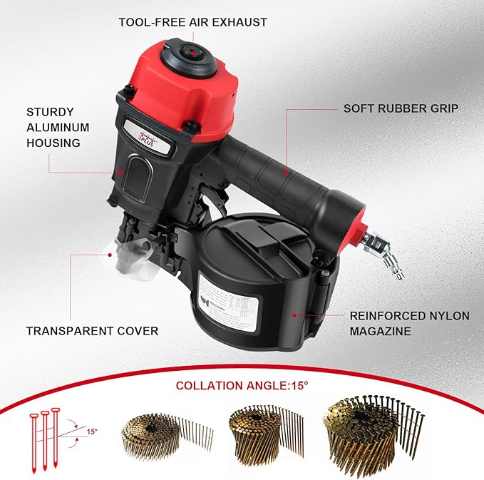 3PLUS HCN55SP Pneumatic Coil Pallet Nailer Professional Air Nail Gun Accepts 15 Degree 1-Inch to 2-1/4-Inch Wire Collated Nails
