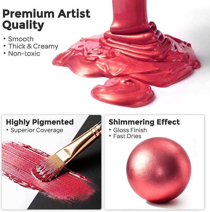 Nicpro Metallic Red Acrylic Paint, 8.45oz/250ml Large Metallic Paint | Non Toxic - Image 2