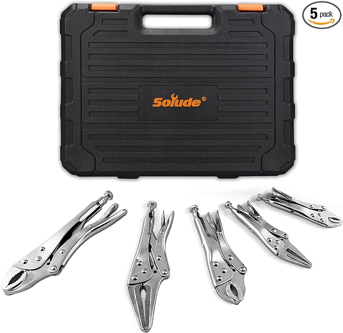 5-Piece Heavy-Duty Locking Pliers Tool Set with Case, 5", 7" & 10" Curved Jaw Adjustable Vise Grip Pliers and 7" & 9" Long Nose Welding Clamps for DIY Projects,Mechanic and Woodworking