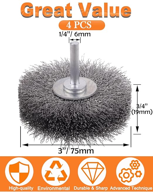 Rocaris 4 Pack Wire Wheel Brush for Drill Attachment, 3 Inch Heavy Duty Brushes for Paint, Rust & Corrosion Removal, 0.0118" Carbon Steel, 1/4in Shank, 20000RPM