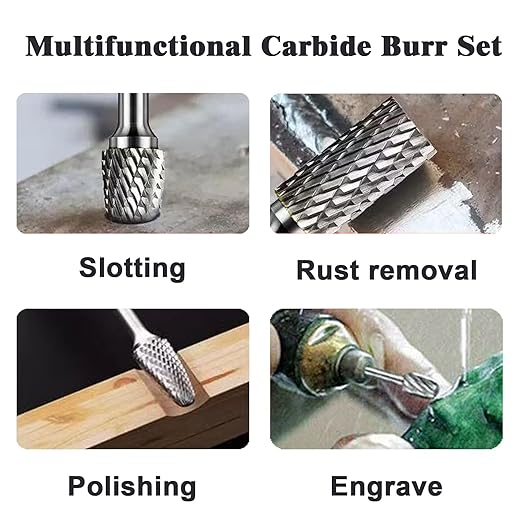 10Pcs Carbide Burr Set for Die Grinder Bits,1/4" Shank Double Cut Rotary Tool Bits | Metal, Wood, Plastic Working | Grinding, Engraving, Milling, Polishing | Durable Tungsten Carbide