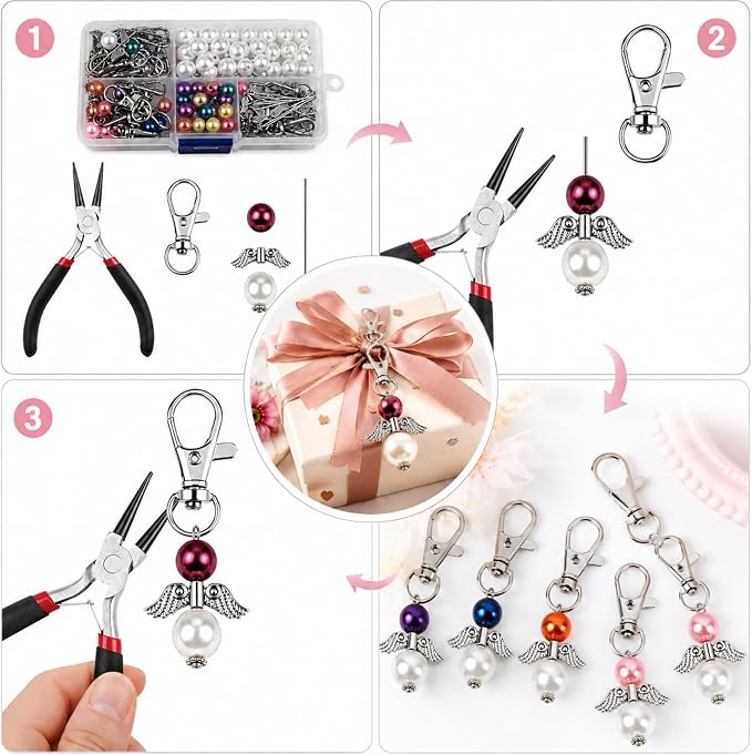 180Pcs DIY Angel Pendant Keychains Kit Includes Alloy Wing Spacer Imitated Bead - Image 4