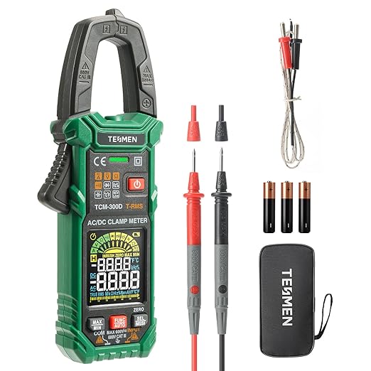 TESMEN TCM-300D Digital Clamp Meter, 6000 Counts Multimeter, Voltage Tester with AC/DC Current &Voltage, Auto-Ranging Voltmeter with Inrush Capacitance Resistance Diode Continuity NCV/Live Wire