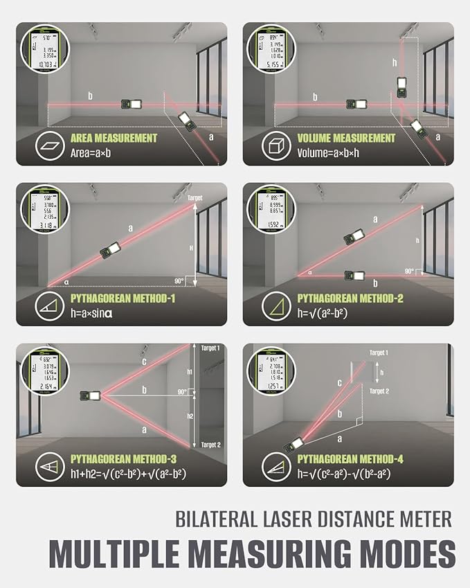 Dual Laser Measurement Tool, 525Ft/160M Bilateral Laser Distance Meter, Rechargeable Laser Measure with Ft/in/M Multiple Units, Angle Sensor, Pythagorean Mode, Area and Volume