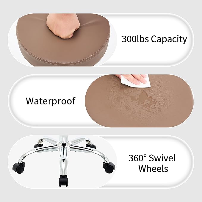 Adjustable Office Stool with Wheels 19.5’’-26.6’’, Brown Thick Cushion Backless Rolling Chair (Coffee Brown)