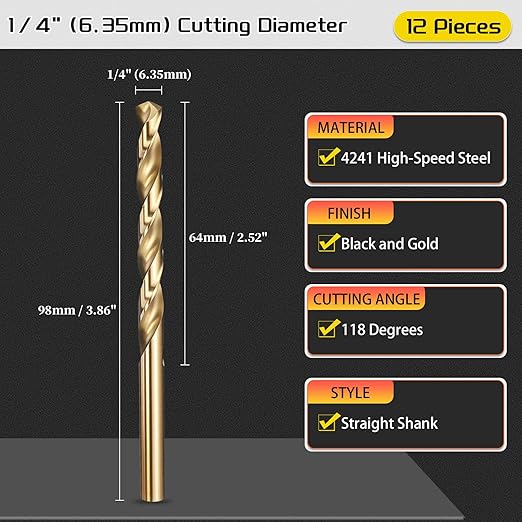 Drill Bit, 1/4" Cutting Diameter (6.35mm), 4241 HSS Black and Gold 118° Cutting Angle Versatile Jobber Bits - (Applications: for Drilling Plastic Wood Soft Thin Metal), 12-Pieces