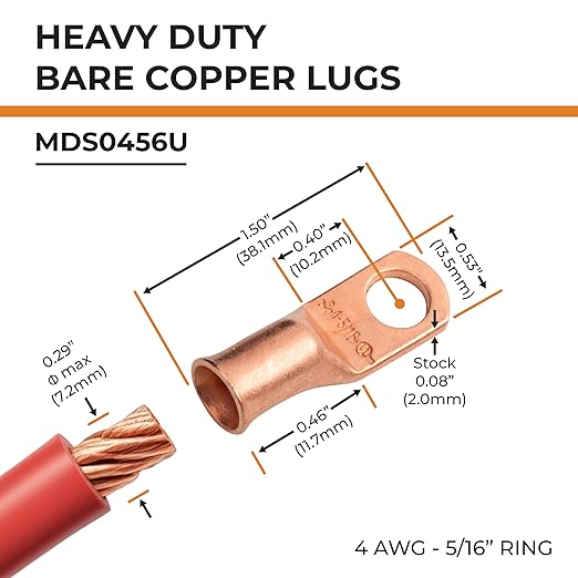 SELTERM 2pcs 4 AWG 5/16" Stud Copper Wire Lugs, Battery Lugs, Ring Terminals, Battery Cable Ends, 4 Guage Ring Terminal Connectors, UL Heavy Duty Bare Copper Eyelets Battery Terminal Connectors