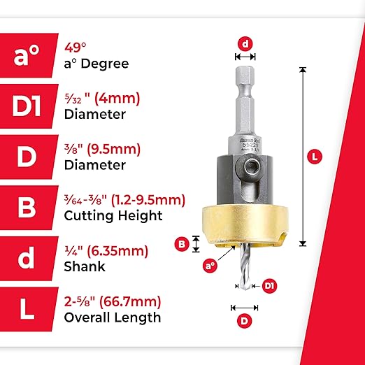 Amana Tool 82 Degree Countersink with Drill Bit Depth Stop and No-Thrust Ball Bearing, 55229, 3/8 D x 5/32 Drill D x 1/4 Inch Quick Release Hex Shank