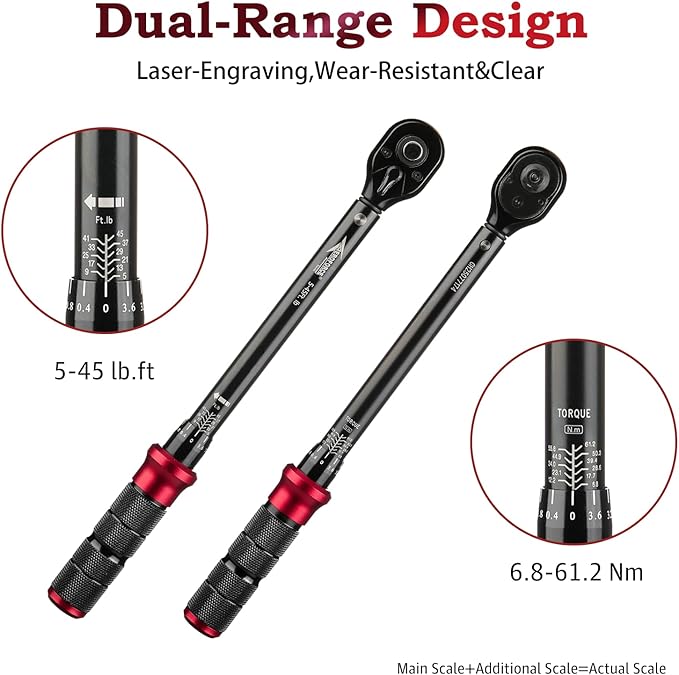 AEROFORCE 3/8-Inch Drive Torque Wrench（5-45 lb.ft / 6.8-61.2 Nm),72 Tooth Dual Direction Reversible Ratchet, Dual Range Scales, Precision Calibrated for Bike, Motorcycle and Car Repair